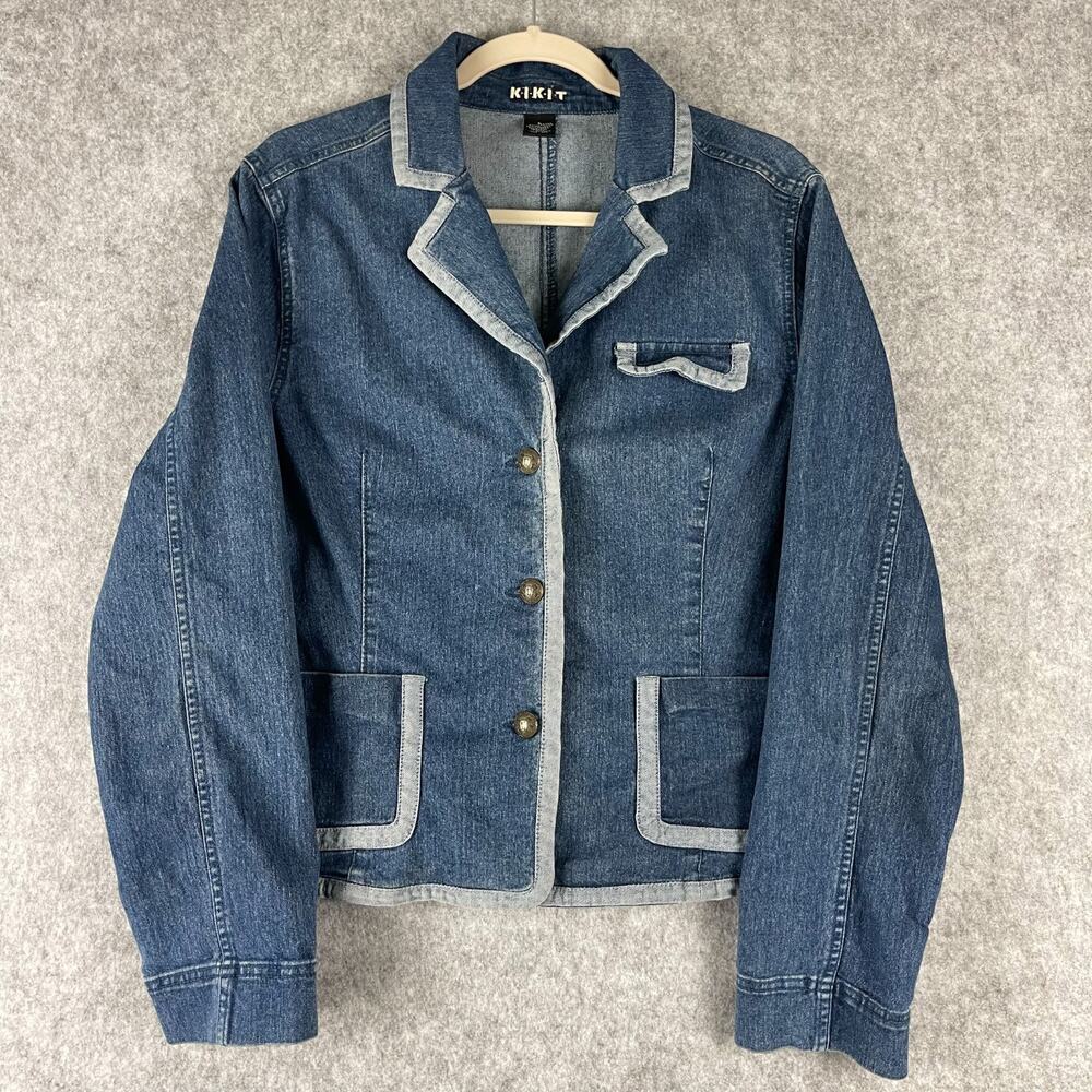Kikit Jeans Denim Blazer Jacket Womens Large Blue Trim Stretch Metal Button